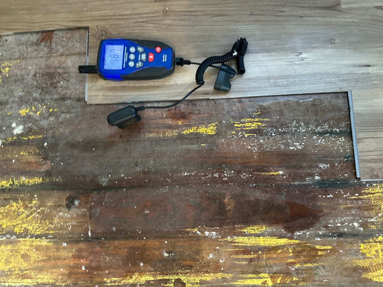 Moisture meter checking a water damaged wood subfloor during a mold inspection