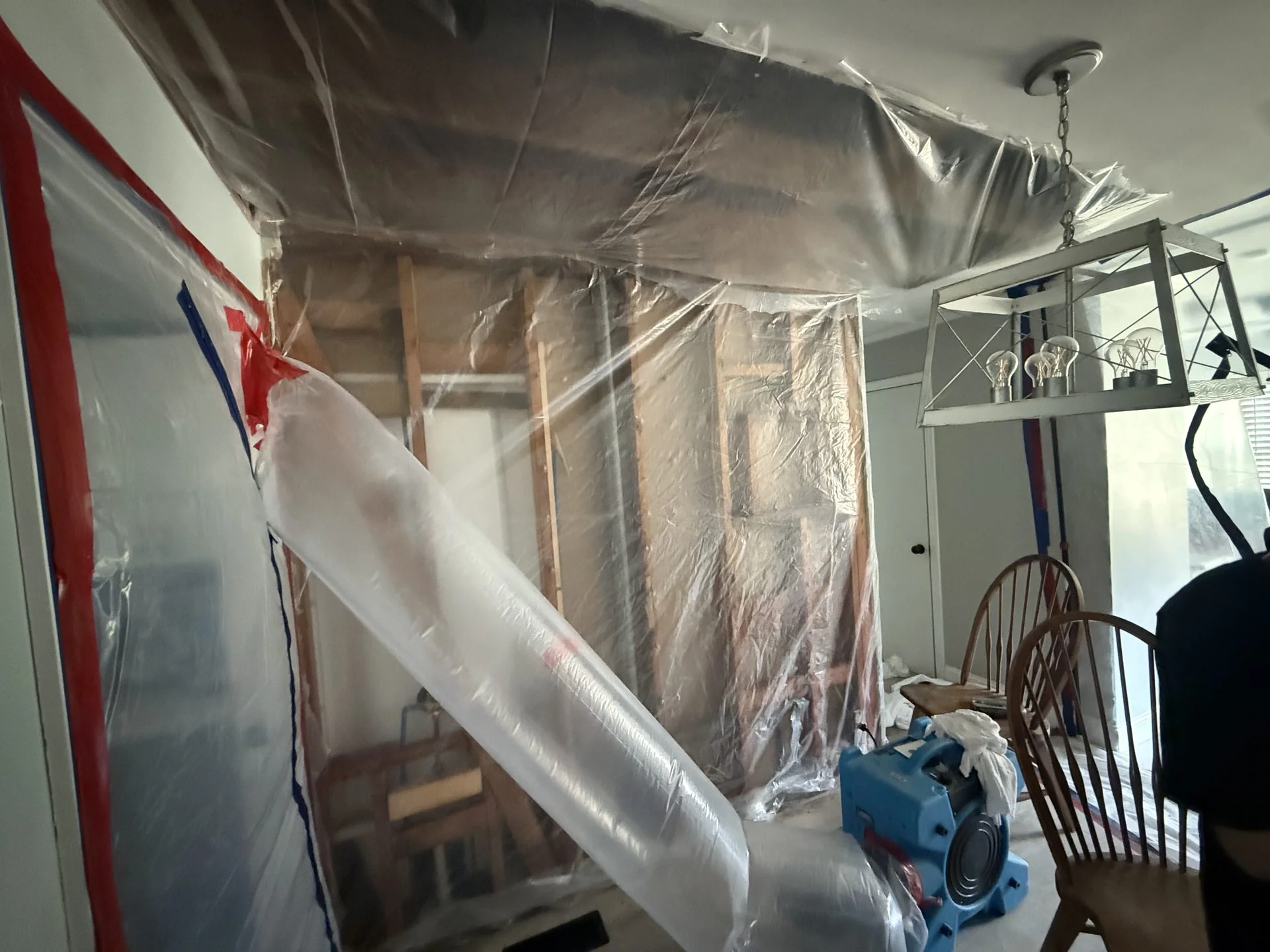 Sealed containment with a zipper door and air scrubber during mold removal